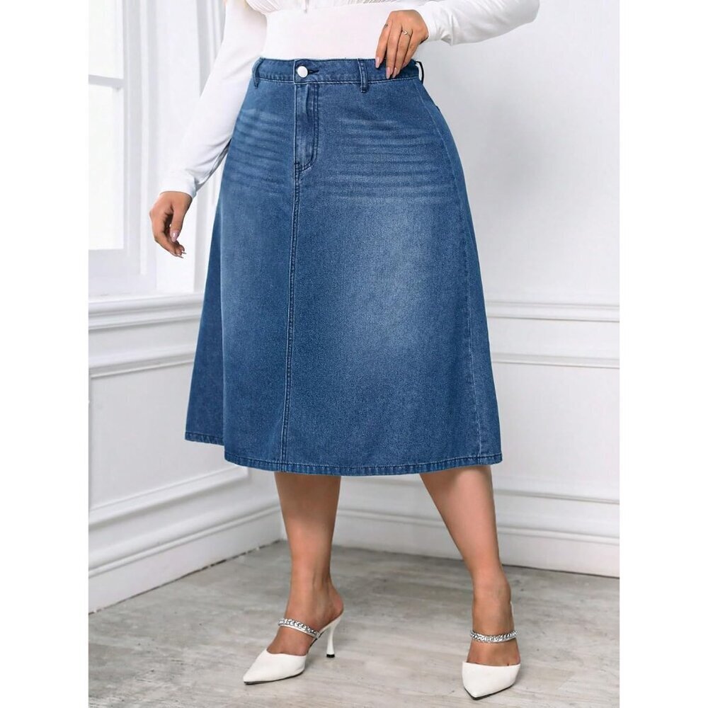 Women's Plus Size Jean Midi Skirt High Waisted A-Line Casual Comfort - Picture 5 of 6